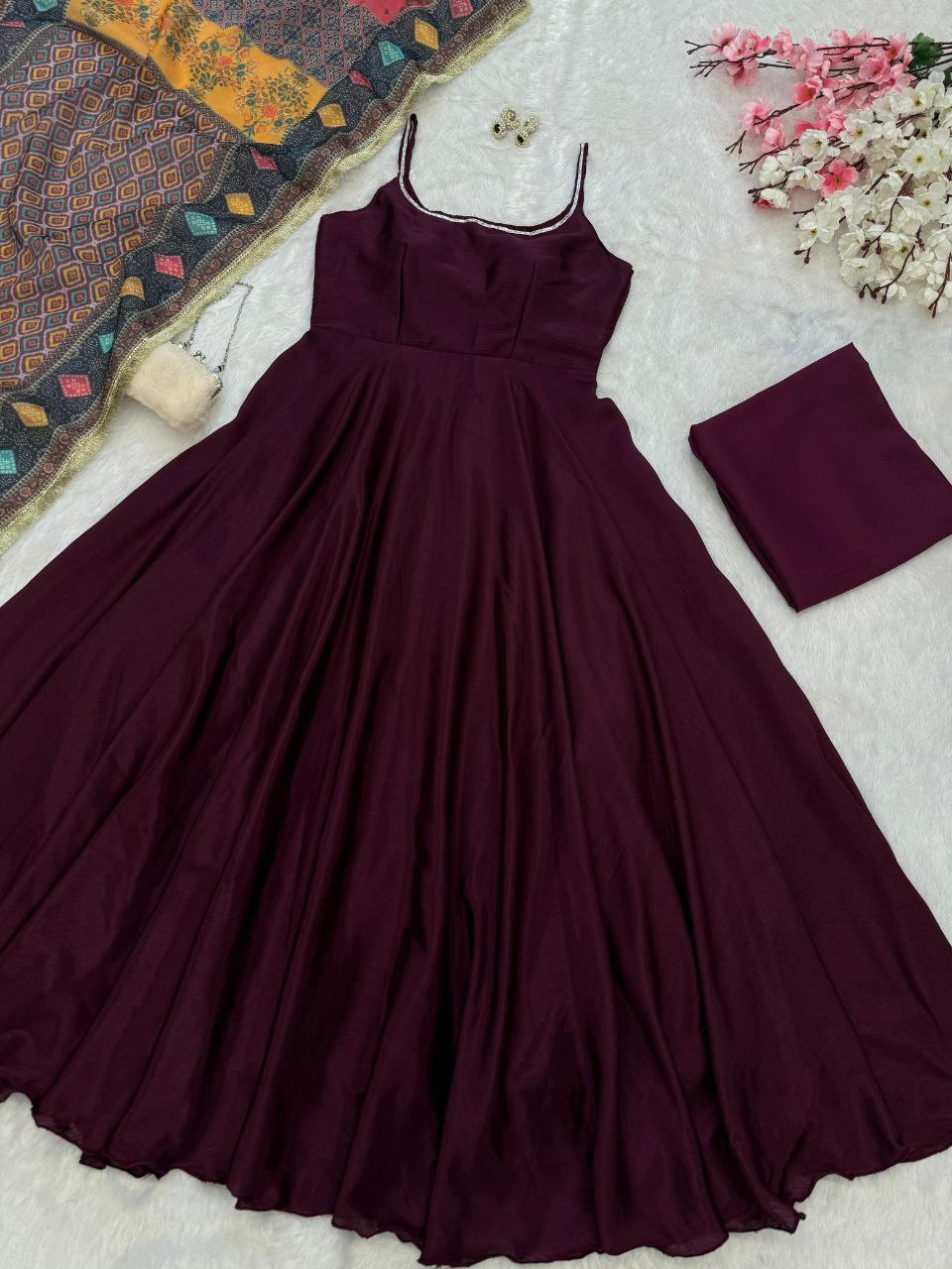 Party Wear Wine Color Pure Chinon Beautiful Anarkali Suit