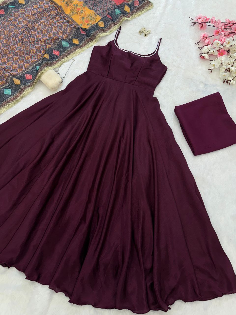 Party Wear Wine Color Pure Chinon Beautiful Anarkali Suit