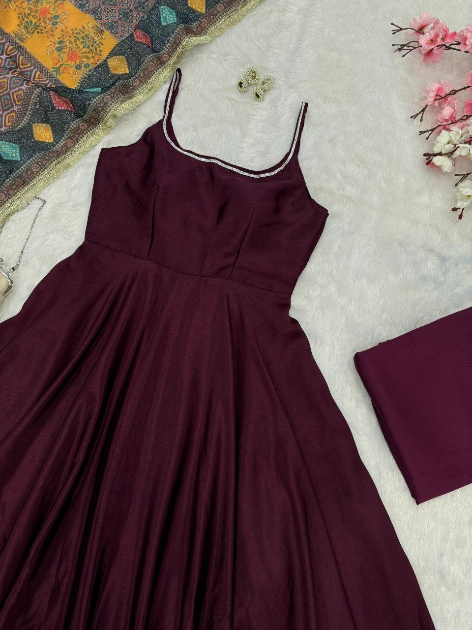 Party Wear Wine Color Pure Chinon Beautiful Anarkali Suit