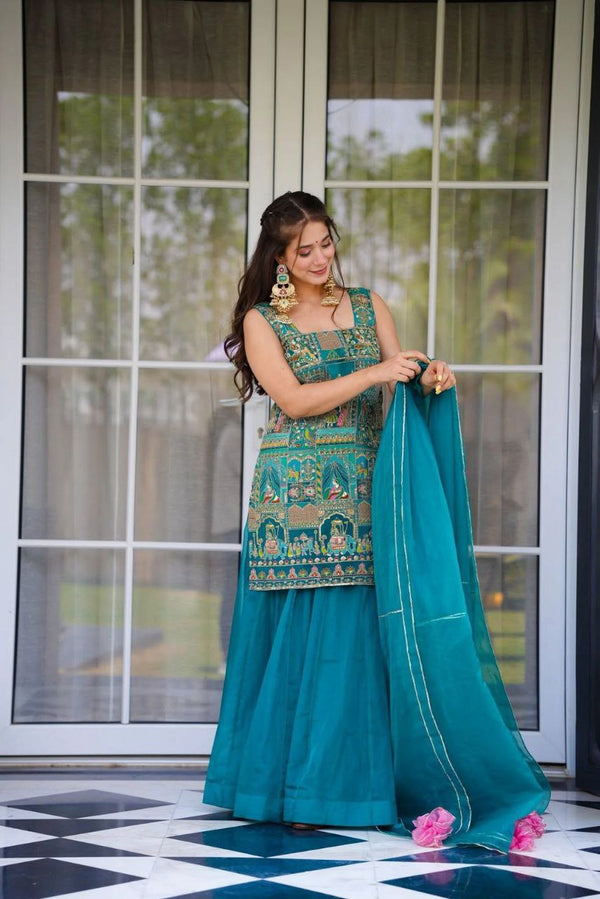 Party Wear Sky Blue Color Jimmy Organza Elegant Digital Printed Palazzo Suit