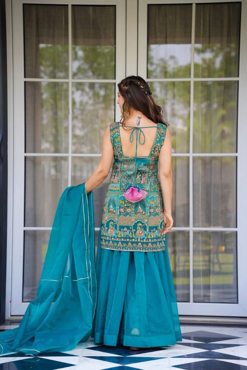 Party Wear Sky Blue Color Jimmy Organza Elegant Digital Printed Palazzo Suit