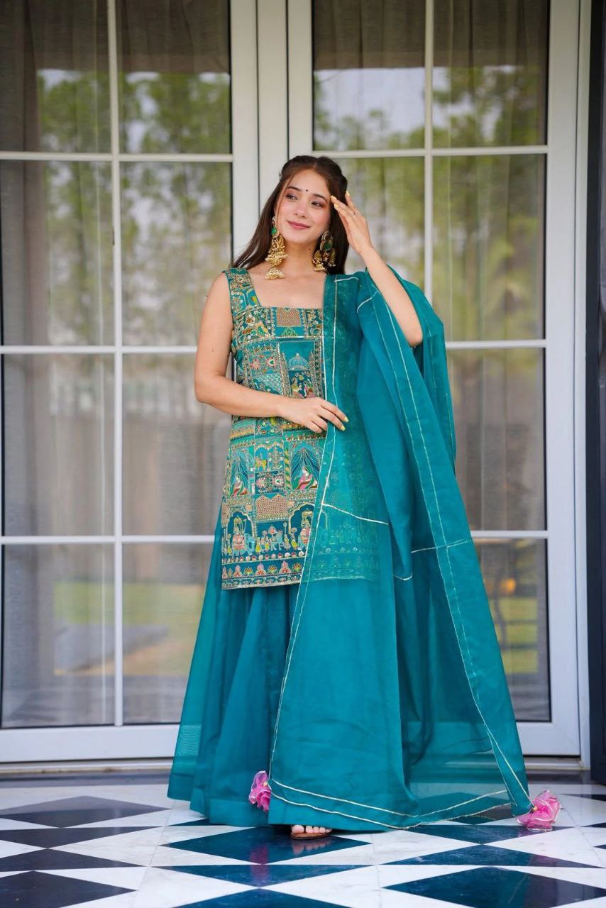 Party Wear Sky Blue Color Jimmy Organza Elegant Digital Printed Palazzo Suit