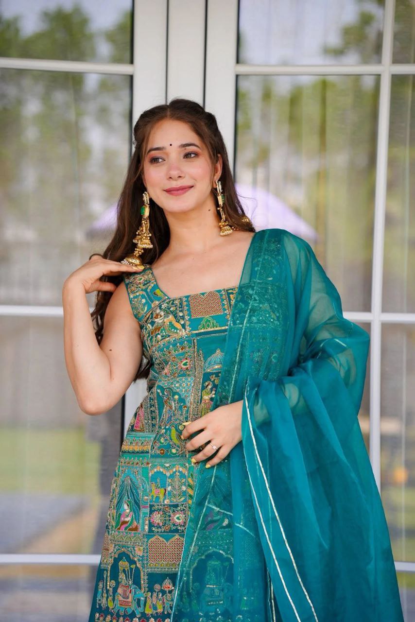 Party Wear Sky Blue Color Jimmy Organza Elegant Digital Printed Palazzo Suit