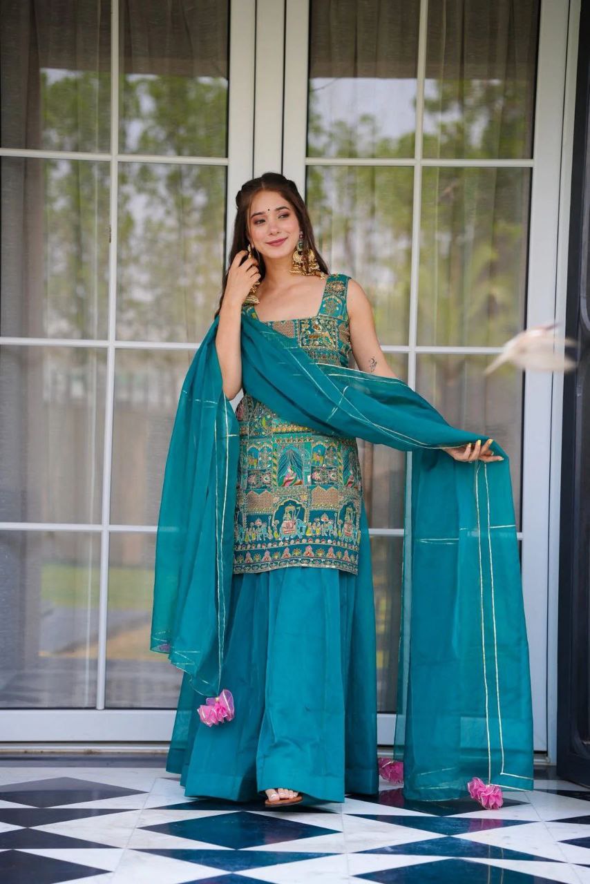Party Wear Sky Blue Color Jimmy Organza Elegant Digital Printed Palazzo Suit