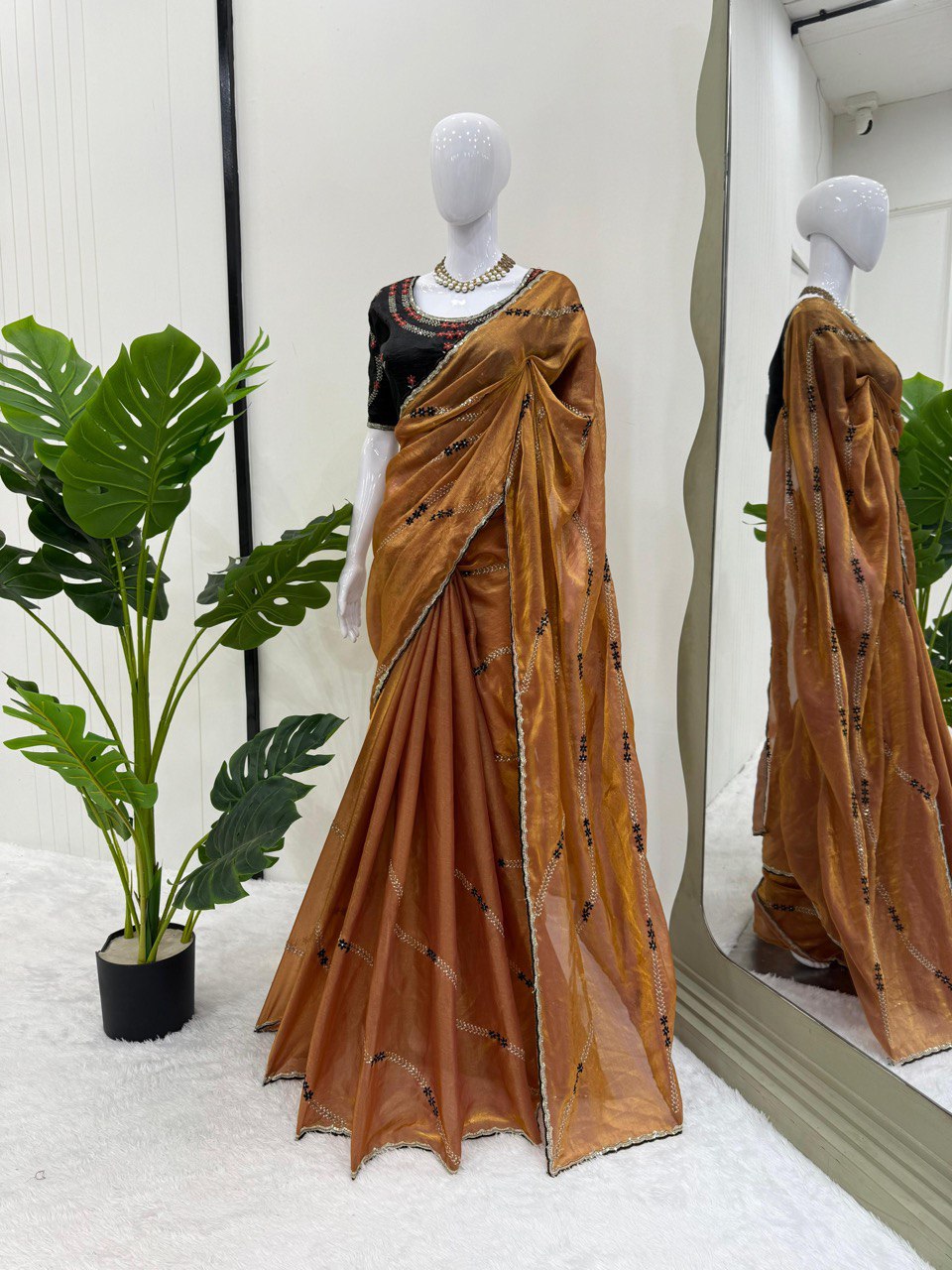 Festive Wear Brown Color Fendy Silk Thread And Sequin Embroidery Work Designer Saree