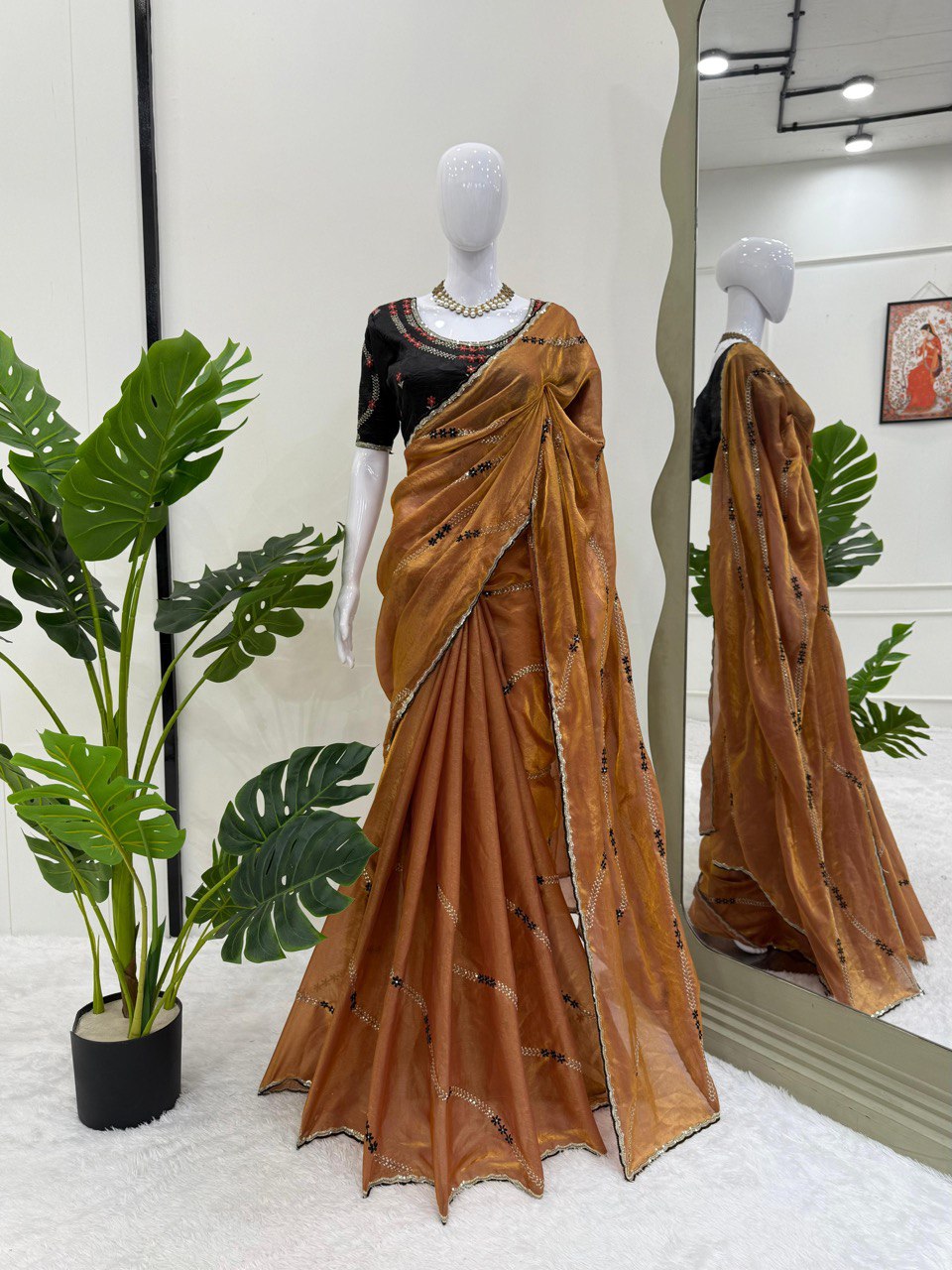 Festive Wear Brown Color Fendy Silk Thread And Sequin Embroidery Work Designer Saree