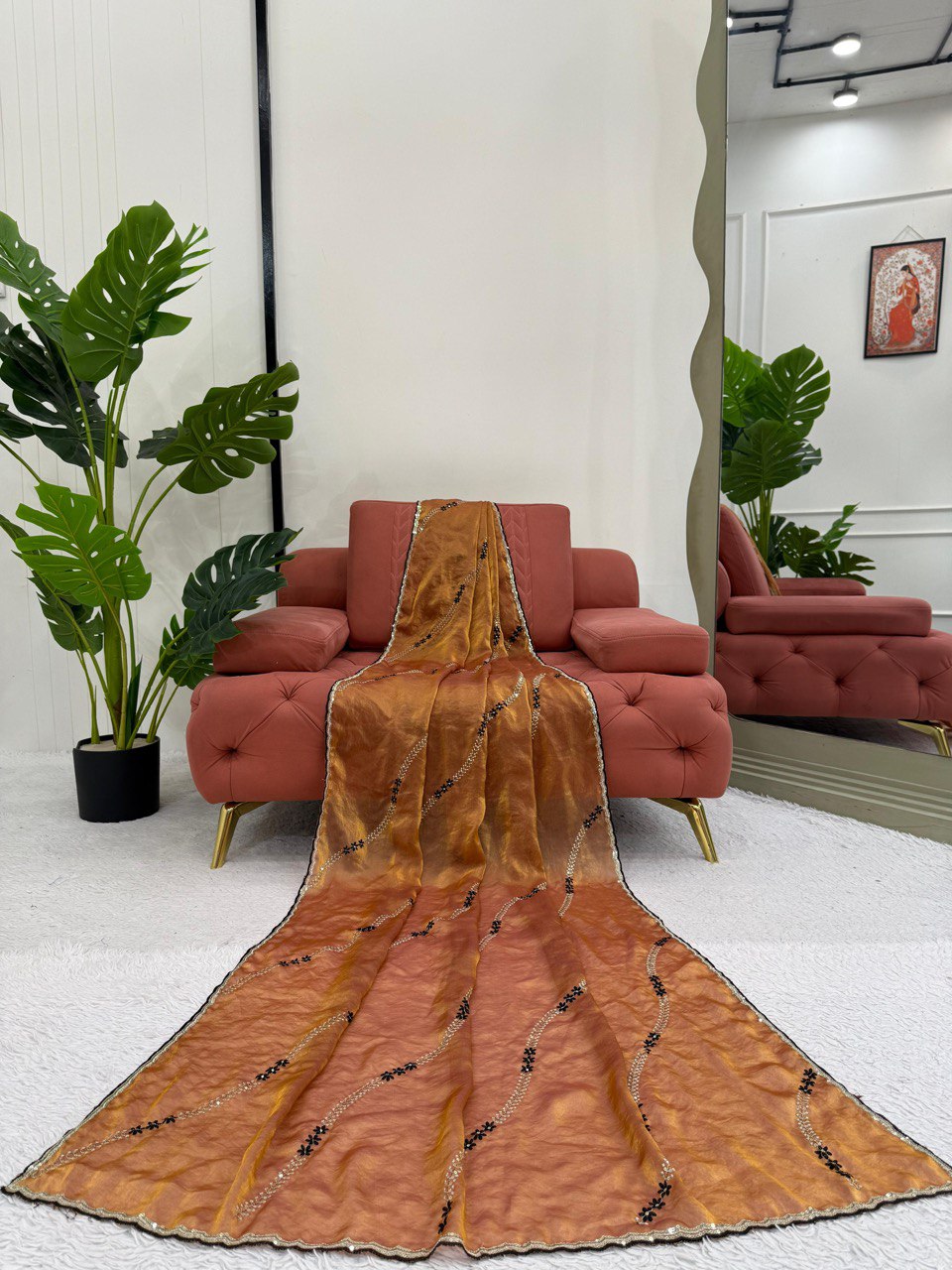 Festive Wear Brown Color Fendy Silk Thread And Sequin Embroidery Work Designer Saree