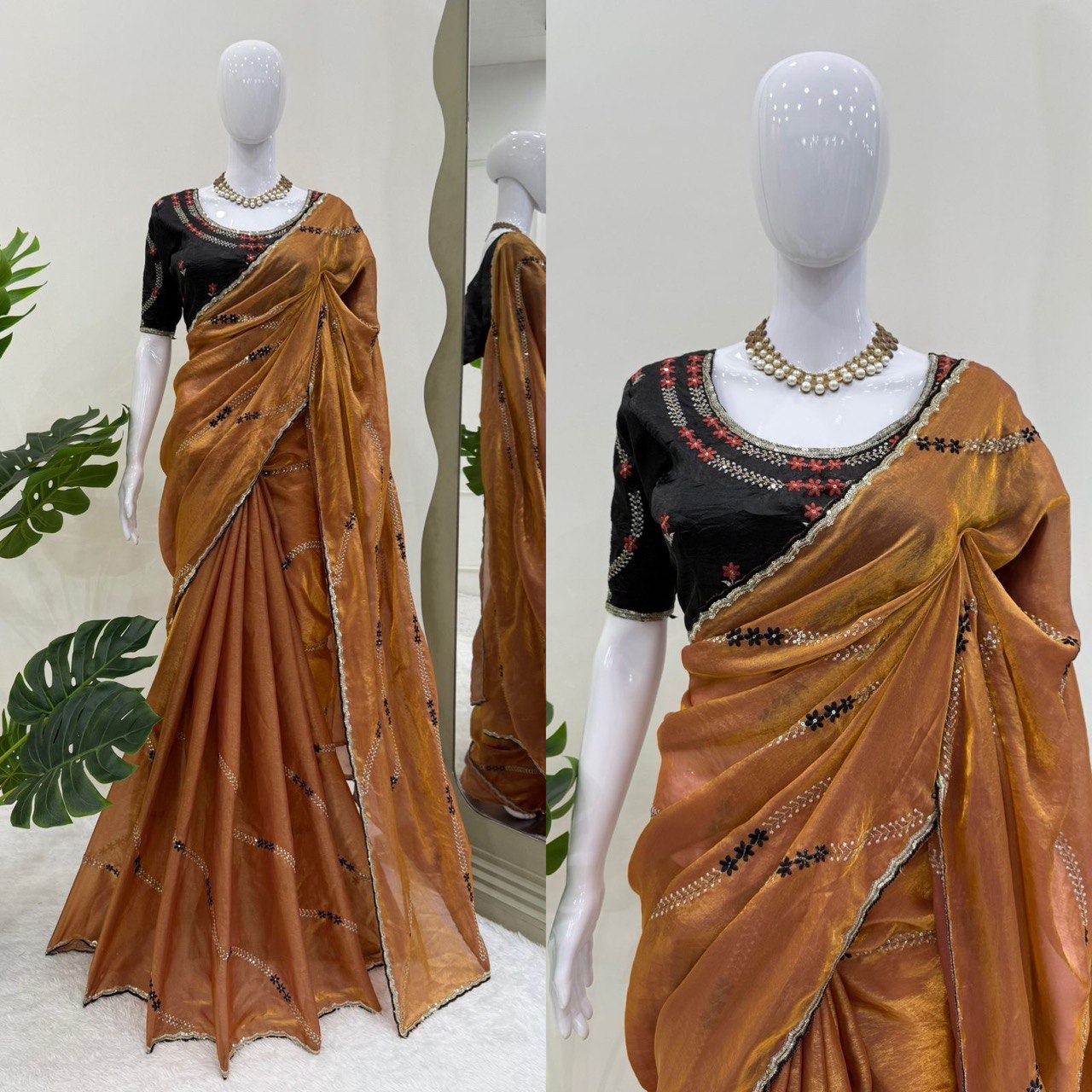 Festive Wear Brown Color Fendy Silk Thread And Sequin Embroidery Work Designer Saree