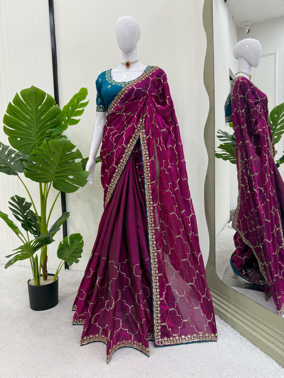 Ceremony Wear Wine Color Jimmy Chu Thread And Sequin Embroidery Work Beautiful Saree