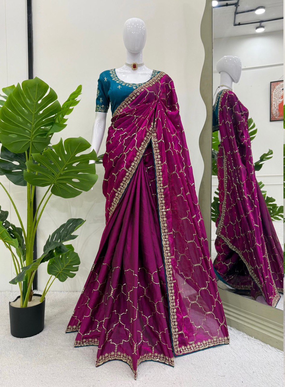 Ceremony Wear Wine Color Jimmy Chu Thread And Sequin Embroidery Work Beautiful Saree