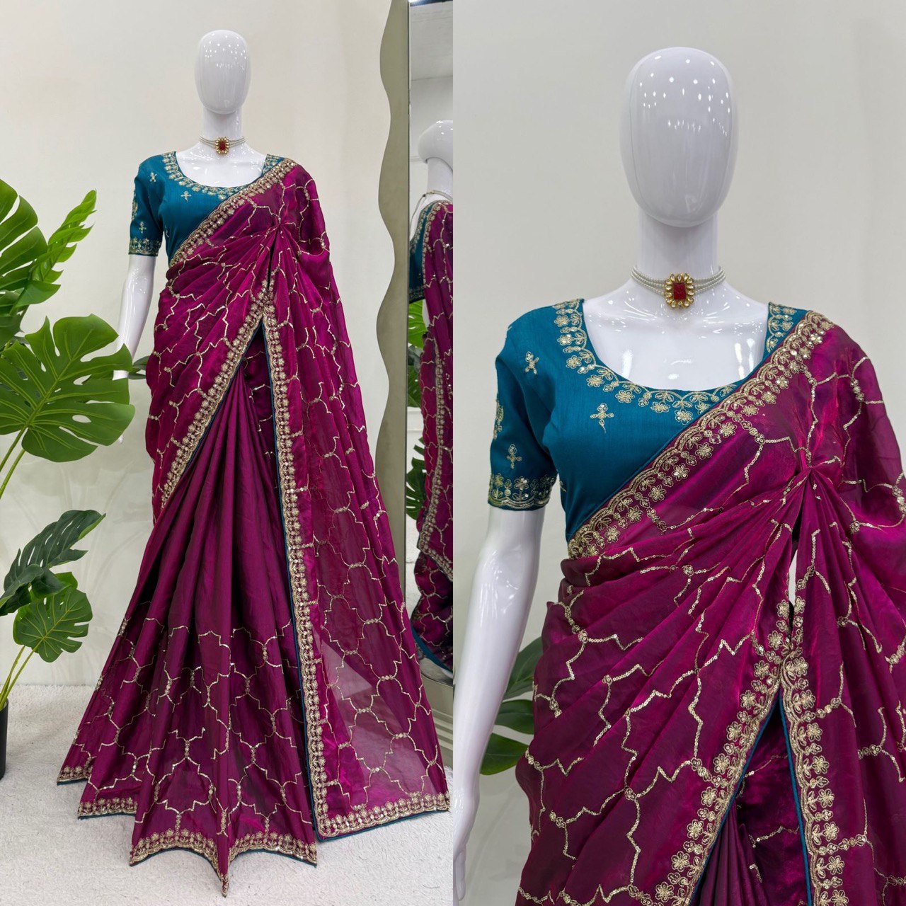 Ceremony Wear Wine Color Jimmy Chu Thread And Sequin Embroidery Work Beautiful Saree