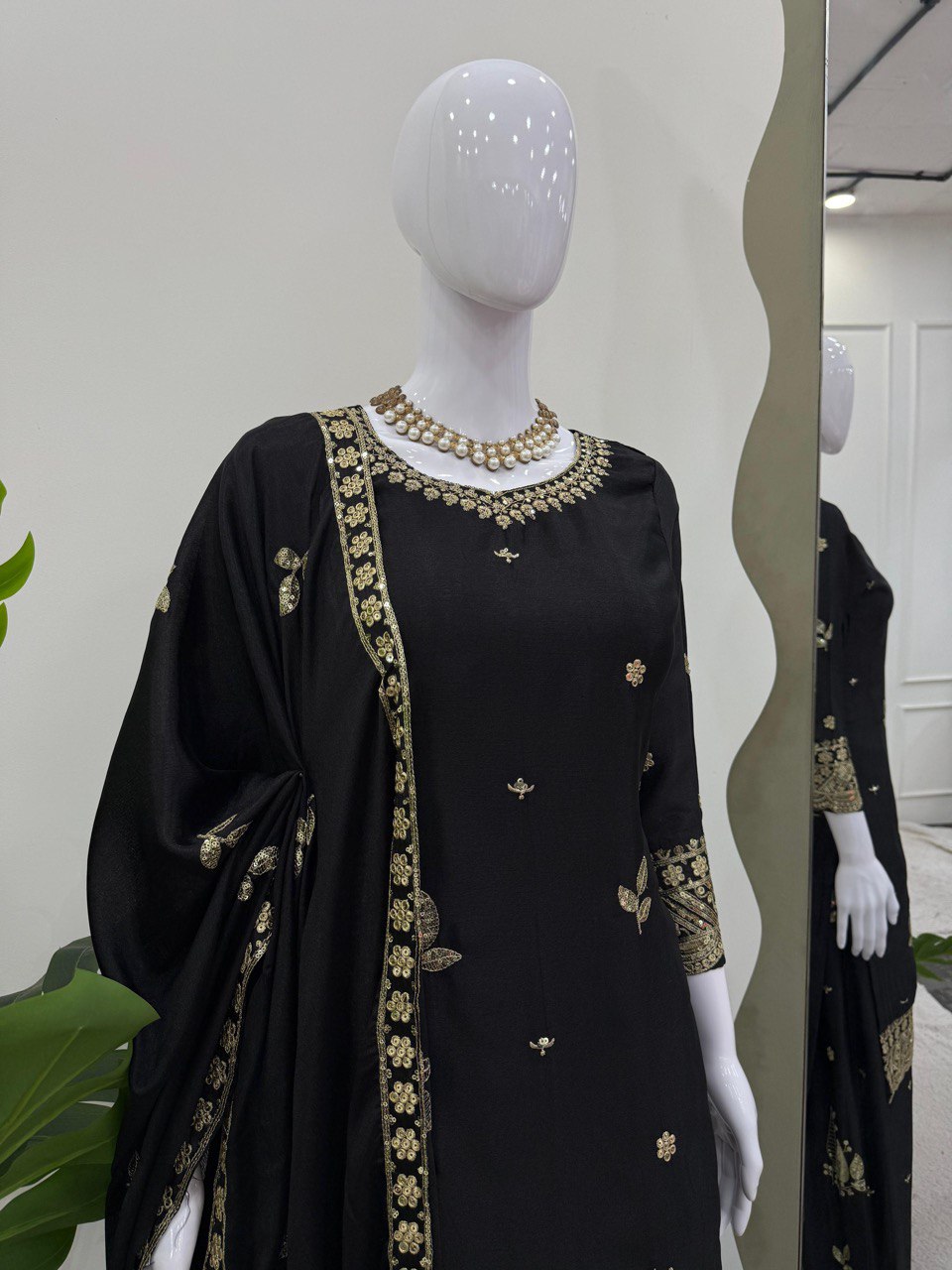 Festive Wear Black Color Chinon Silk With Thread And Sequin Embroidery Work Beautiful Palazzo Suit