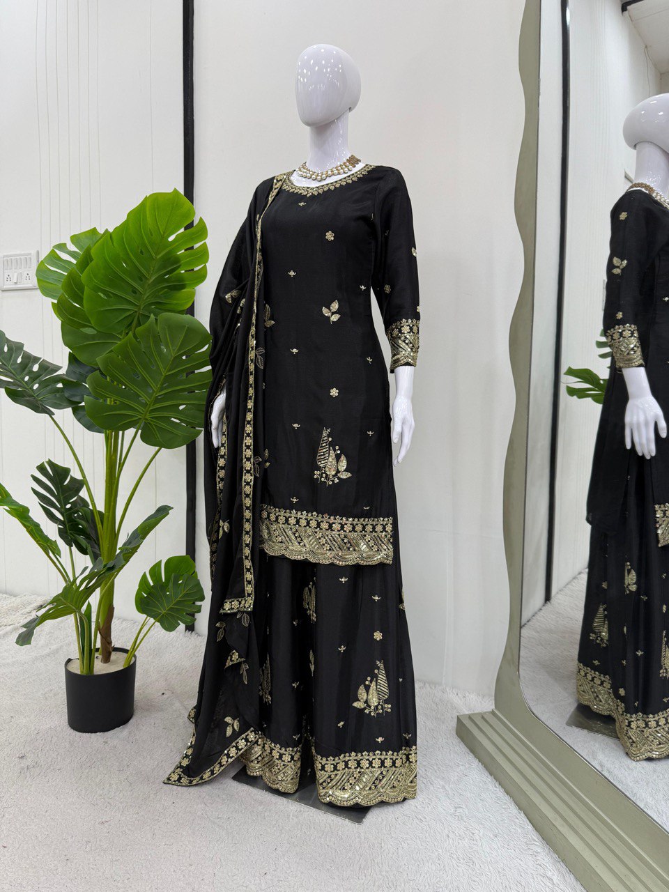 Festive Wear Black Color Chinon Silk With Thread And Sequin Embroidery Work Beautiful Palazzo Suit