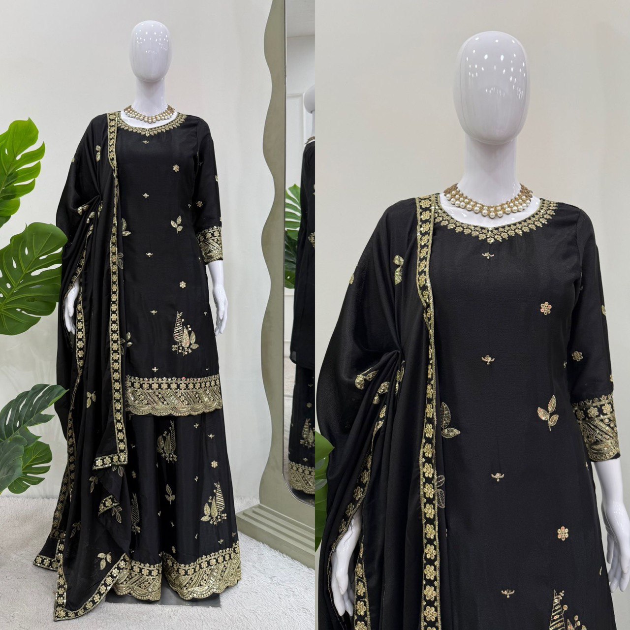 Festive Wear Black Color Chinon Silk With Thread And Sequin Embroidery Work Beautiful Palazzo Suit