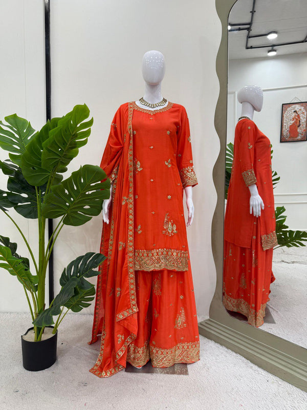 Function Wear Orange Color Chinon Silk With Thread And Sequin Embroidery Work Beautiful Palazzo Suit