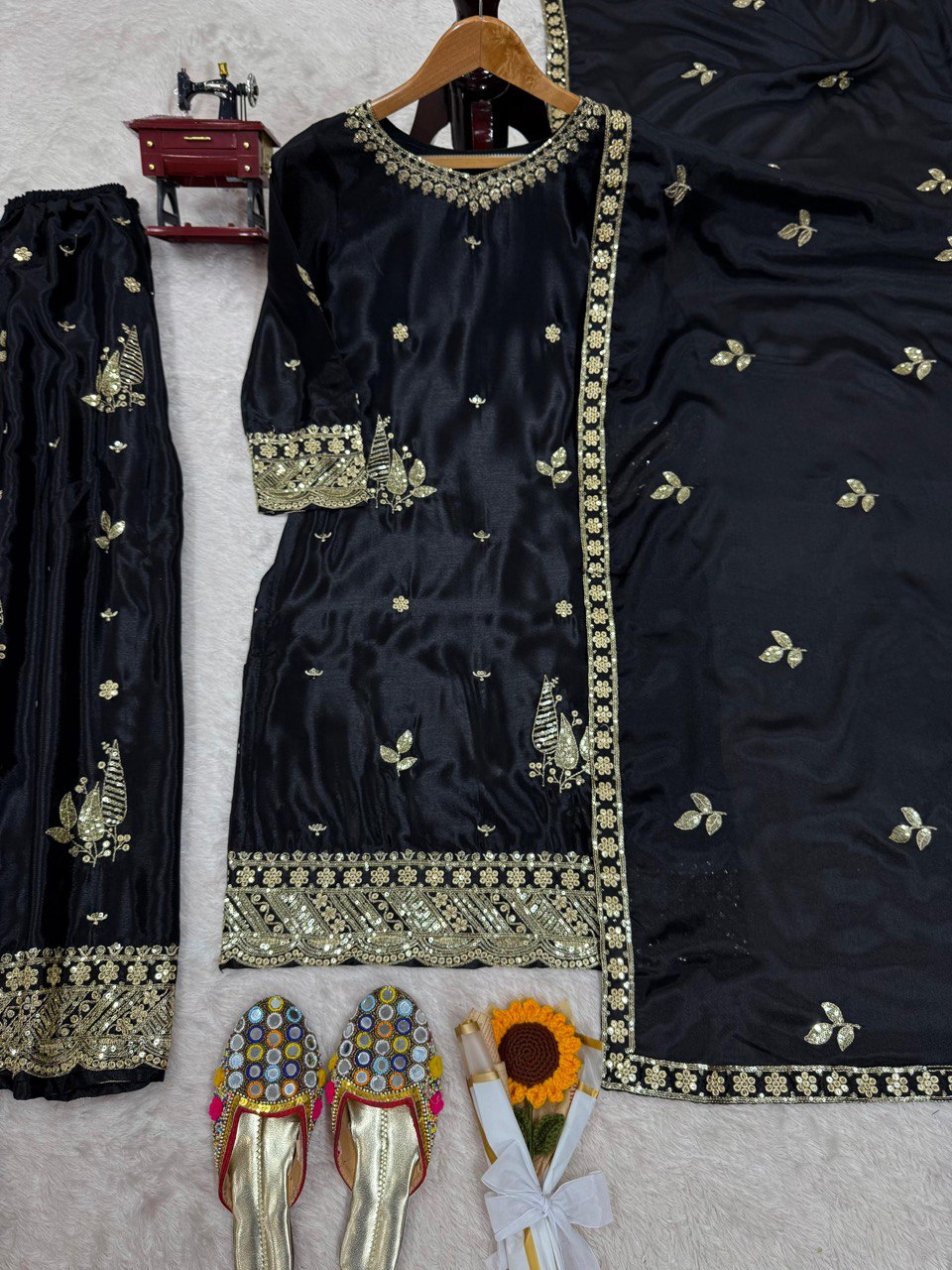 Festive Wear Black Color Chinon Silk With Thread And Sequin Embroidery Work Beautiful Palazzo Suit