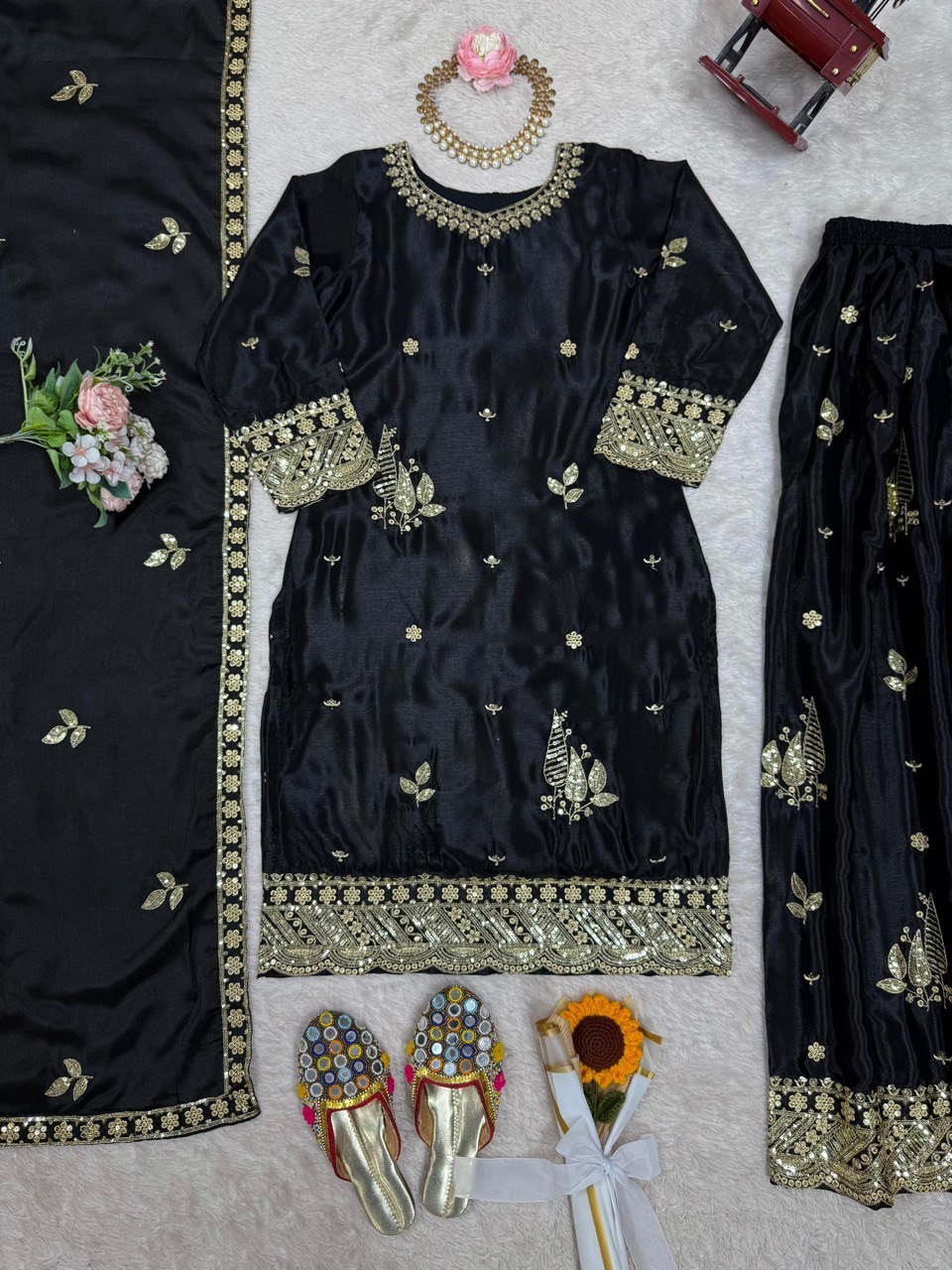 Festive Wear Black Color Chinon Silk With Thread And Sequin Embroidery Work Beautiful Palazzo Suit