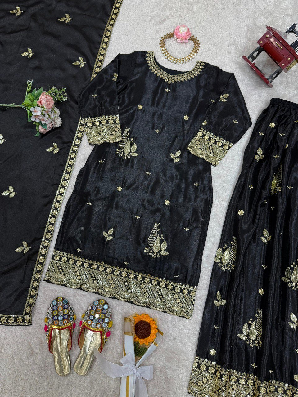Festive Wear Black Color Chinon Silk With Thread And Sequin Embroidery Work Beautiful Palazzo Suit