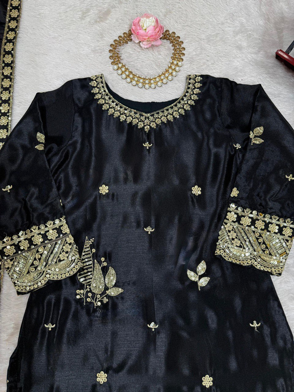 Festive Wear Black Color Chinon Silk With Thread And Sequin Embroidery Work Beautiful Palazzo Suit
