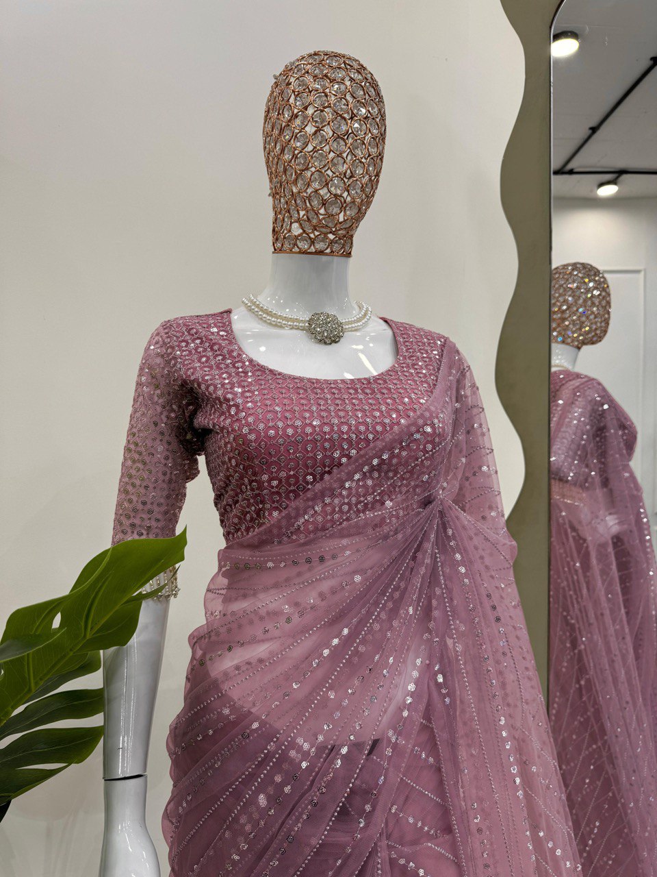 Wedding Wear Dusty Pink Color Soft Net Thread And Sequin Embroidery Work Saree