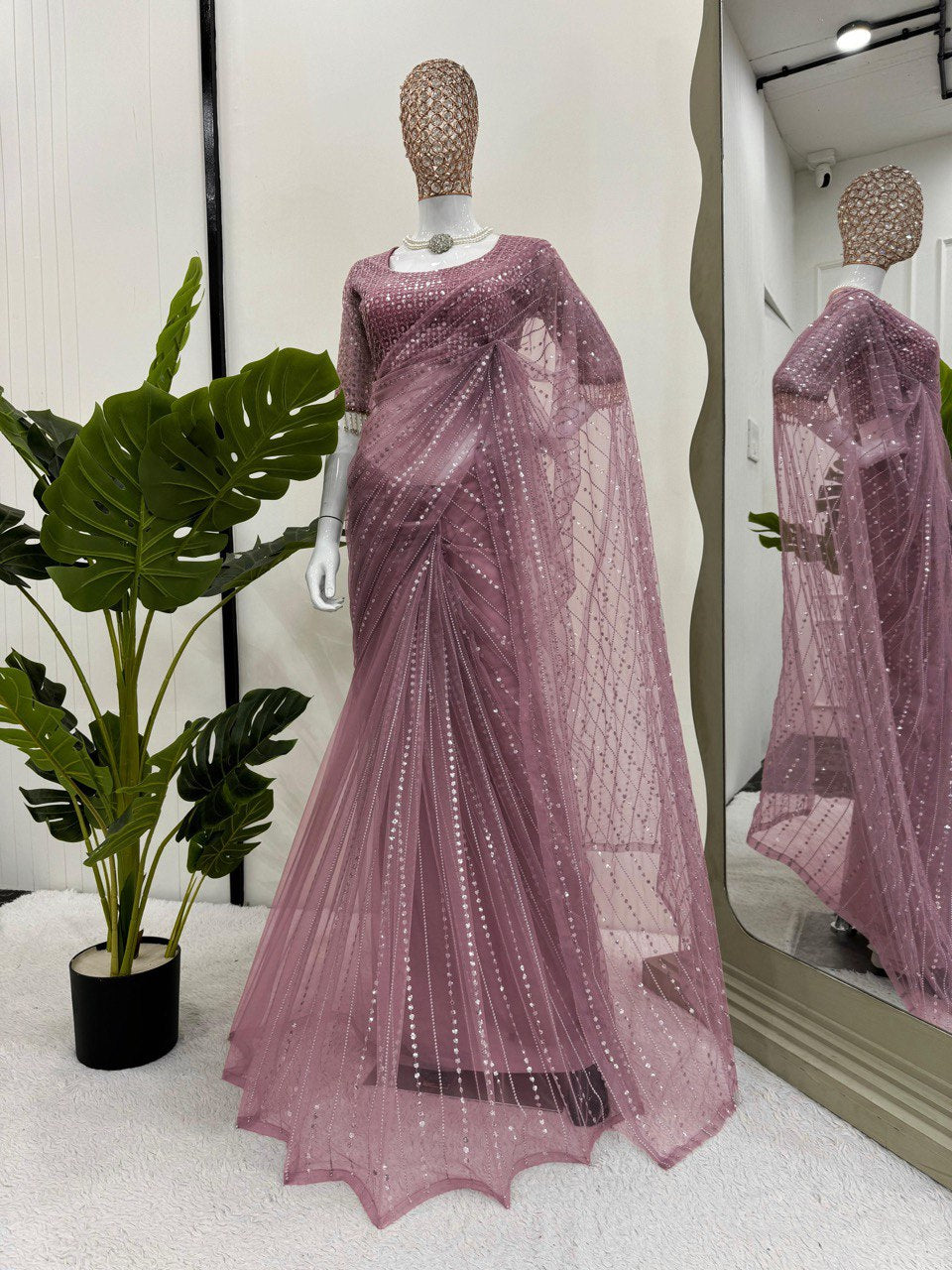 Wedding Wear Dusty Pink Color Soft Net Thread And Sequin Embroidery Work Saree