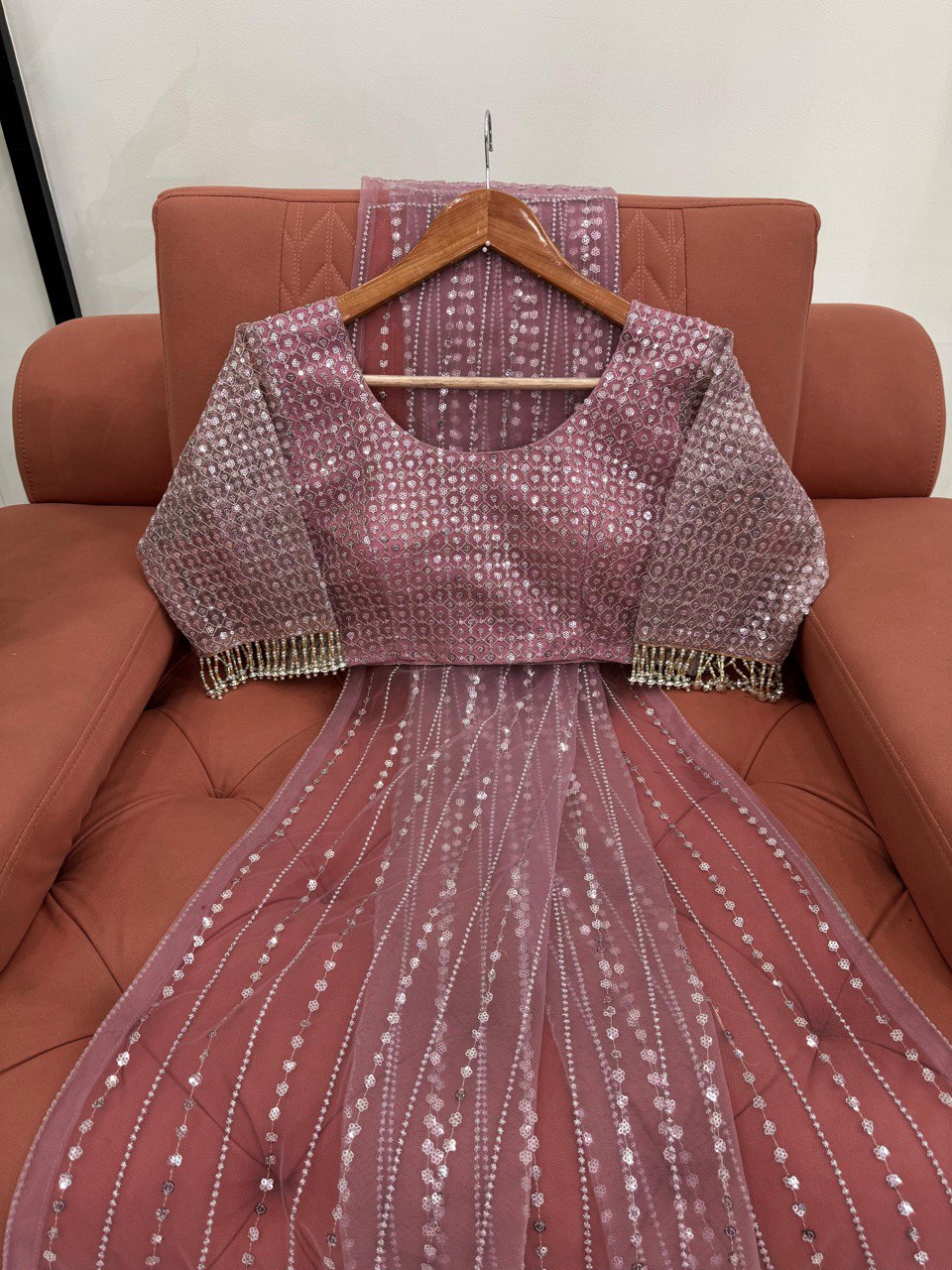 Wedding Wear Dusty Pink Color Soft Net Thread And Sequin Embroidery Work Saree