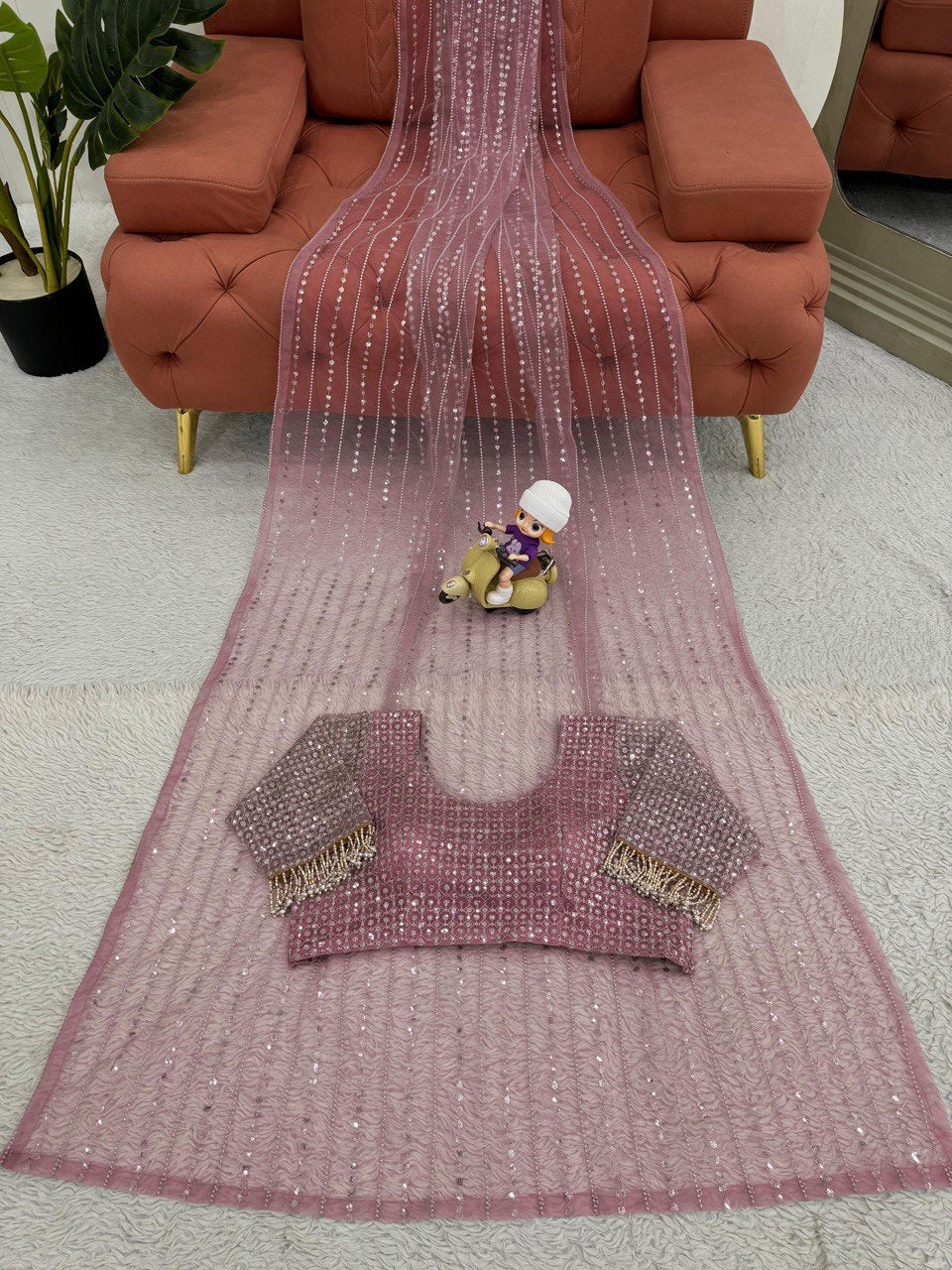 Wedding Wear Dusty Pink Color Soft Net Thread And Sequin Embroidery Work Saree