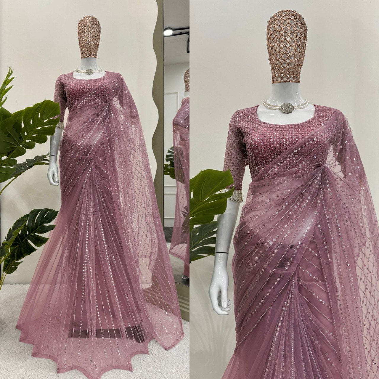 Wedding Wear Dusty Pink Color Soft Net Thread And Sequin Embroidery Work Saree