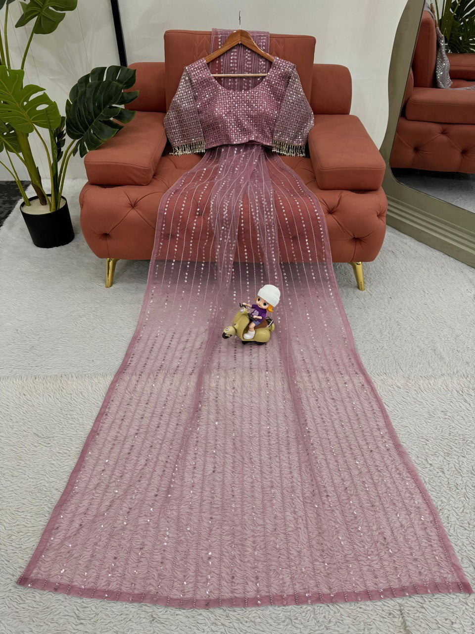 Wedding Wear Dusty Pink Color Soft Net Thread And Sequin Embroidery Work Saree