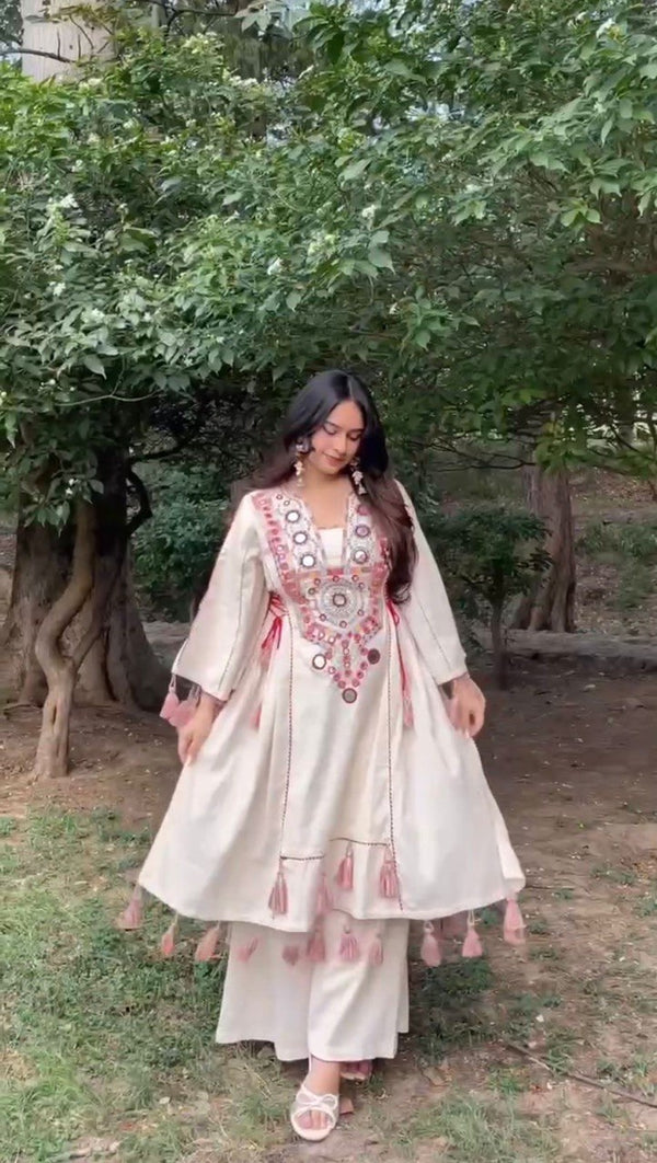 Occasion Wear Off White Color Rayon With Thread Embroidery With Real Mirror Work Beautiful Palazzo Suit
