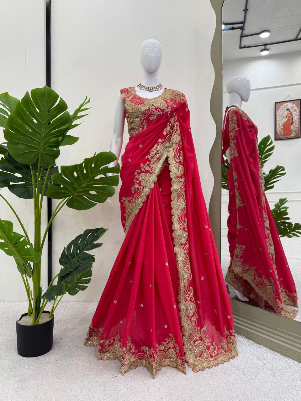 Fnction Wear Red Color Vichitra Silk Coding And Sequin Embroidery Work Saree