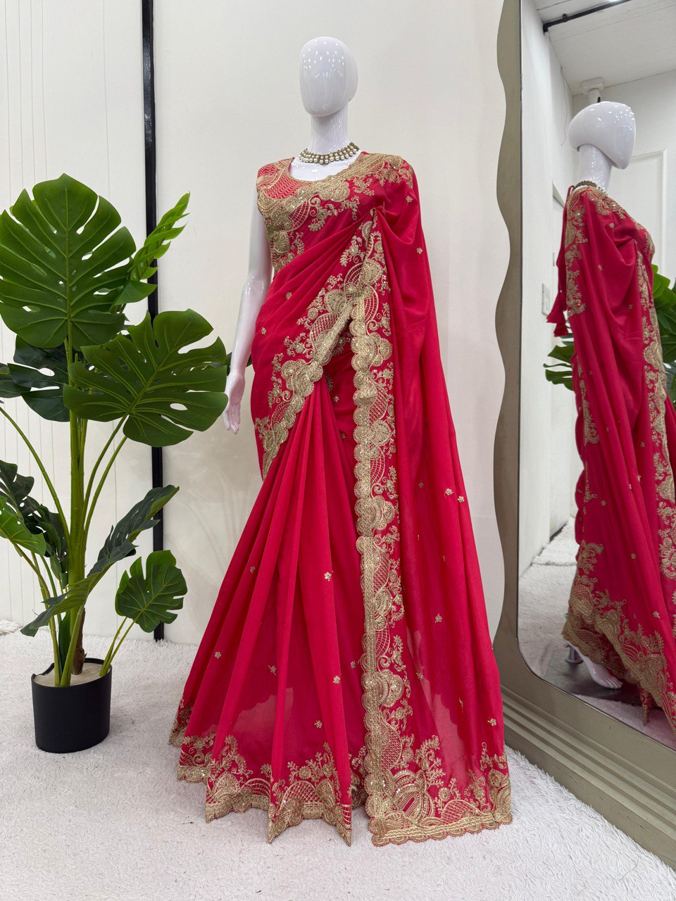 Fnction Wear Red Color Vichitra Silk Coding And Sequin Embroidery Work Saree
