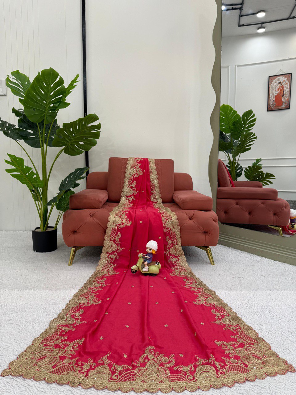 Fnction Wear Red Color Vichitra Silk Coding And Sequin Embroidery Work Saree
