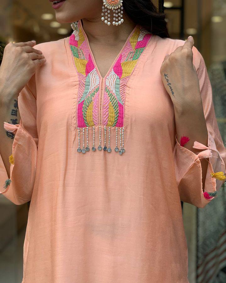 Blissful Peach Color Rayon Slub With Embroidery Work Beautiful Kurta Set
