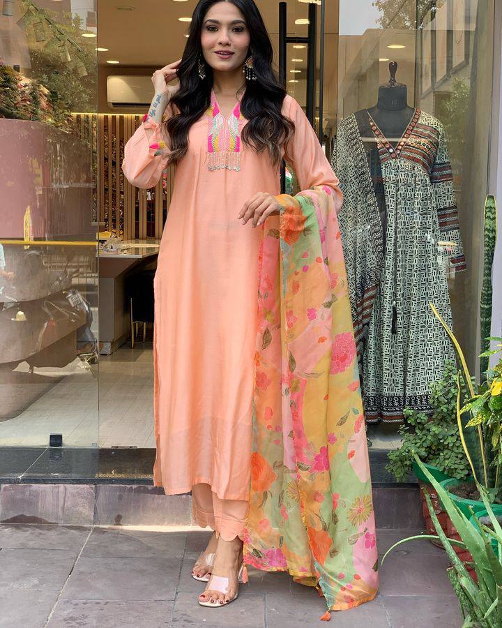 Blissful Peach Color Rayon Slub With Embroidery Work Beautiful Kurta Set