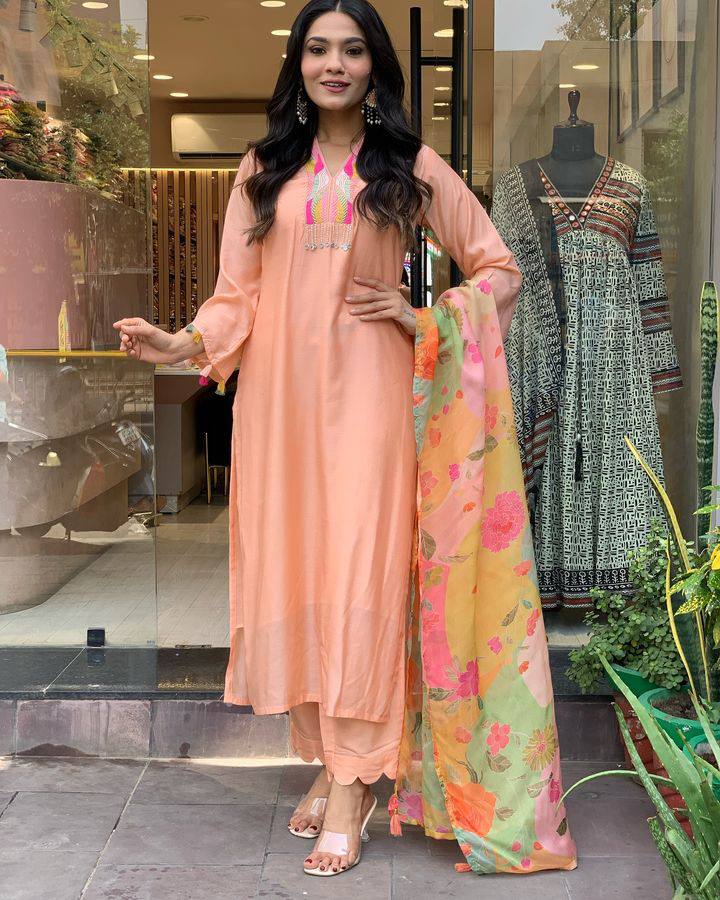 Blissful Peach Color Rayon Slub With Embroidery Work Beautiful Kurta Set