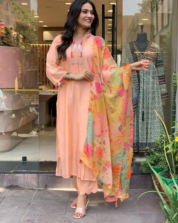 Blissful Peach Color Rayon Slub With Embroidery Work Beautiful Kurta Set