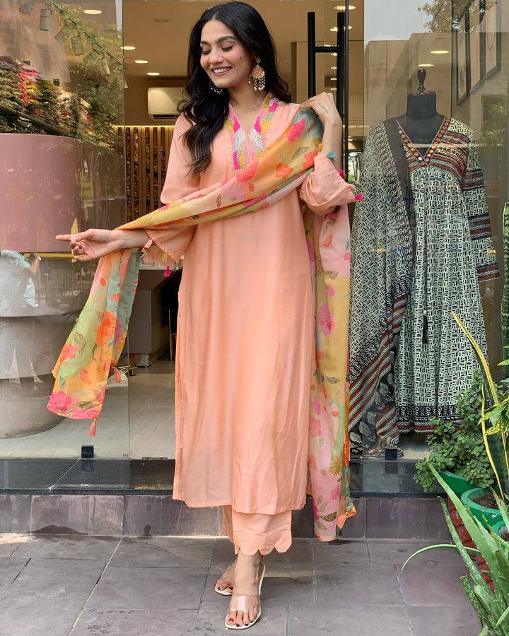 Blissful Peach Color Rayon Slub With Embroidery Work Beautiful Kurta Set