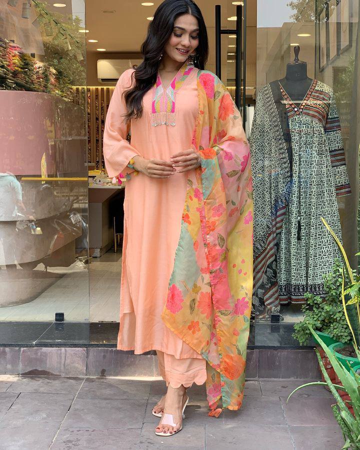 Blissful Peach Color Rayon Slub With Embroidery Work Beautiful Kurta Set