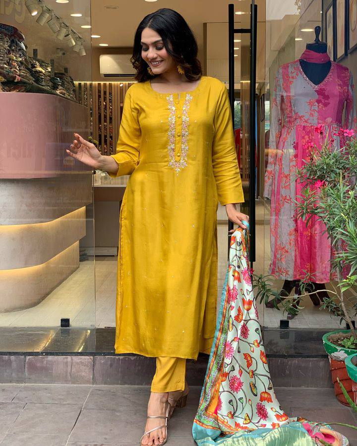 Wedding Wear Mustard Color Viscose Chanderi With Embroidery Work Kurta Set