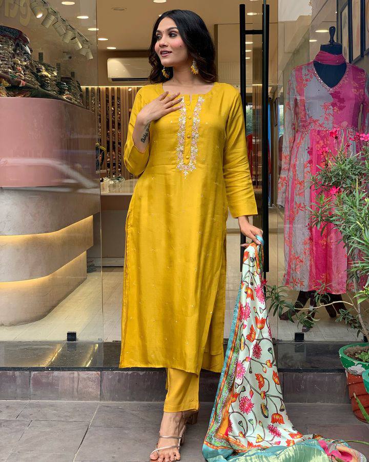 Wedding Wear Mustard Color Viscose Chanderi With Embroidery Work Kurta Set