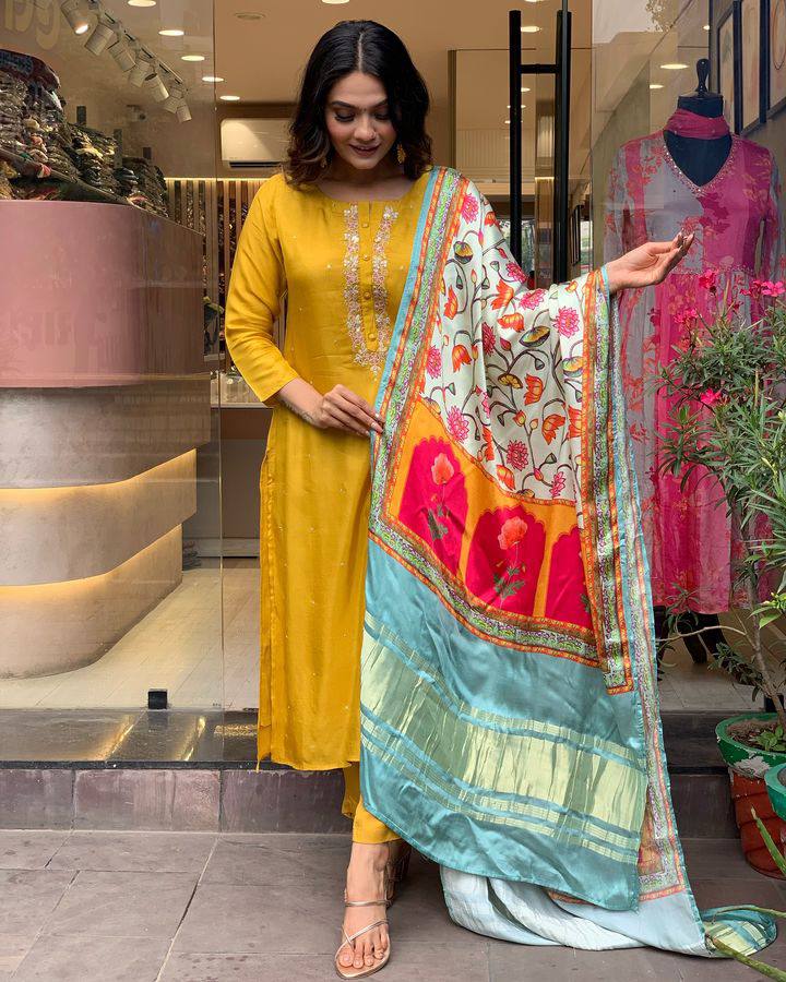 Wedding Wear Mustard Color Viscose Chanderi With Embroidery Work Kurta Set