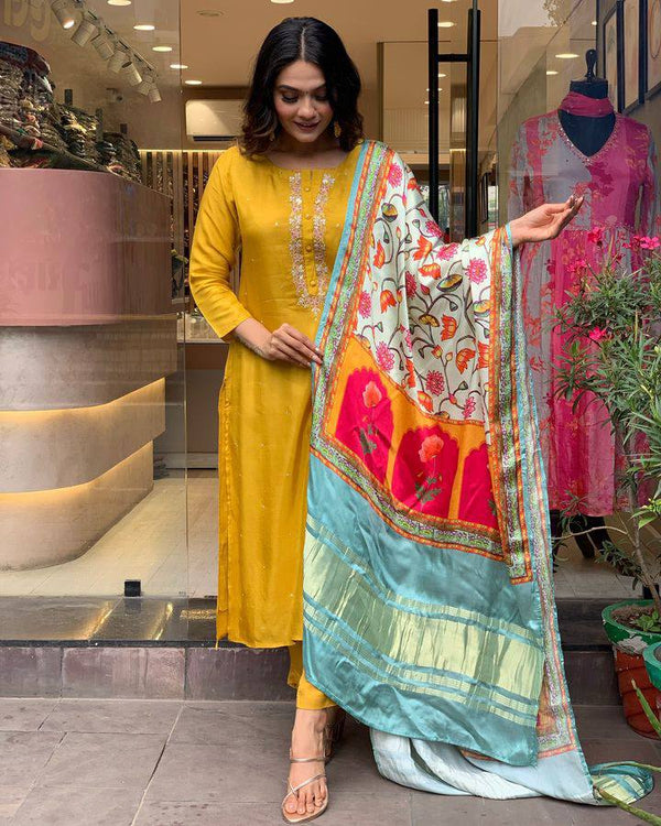 Wedding Wear Mustard Color Viscose Chanderi With Embroidery Work Kurta Set
