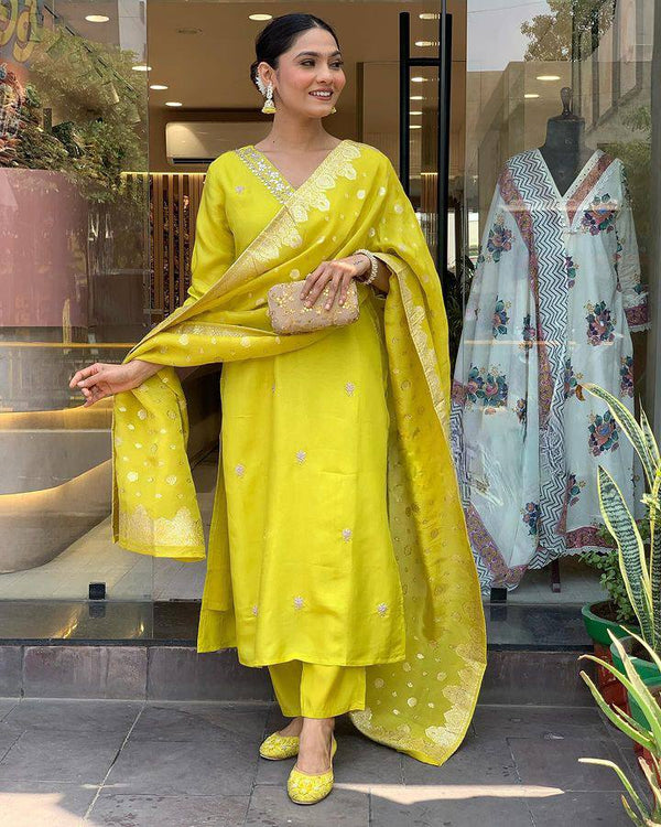Fantastic Lemon Yellow Color Viscose Chanderi Beautiful Designer Kurta Set