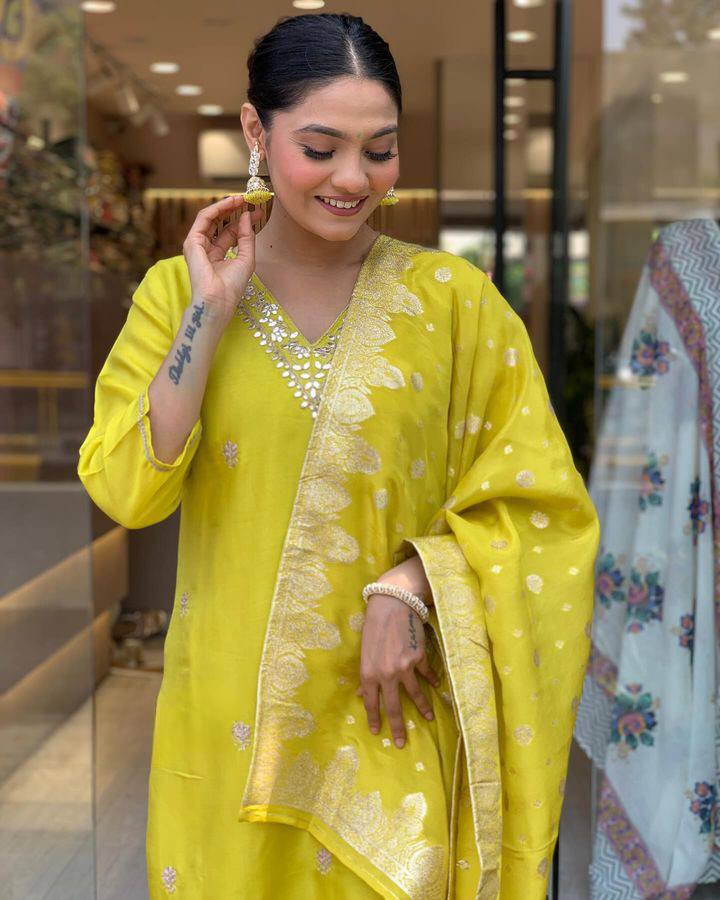 Fantastic Lemon Yellow Color Viscose Chanderi Beautiful Designer Kurta Set
