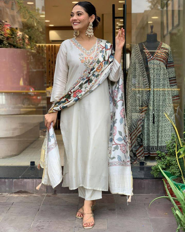 Elegant Off White Color Viscose Chanderi With Embroidery Work Designer Kurta Set