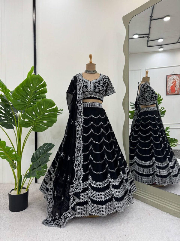 Party Wear Black Color Faux Georgette With Thread And Sequin Embroidery Work Beautiful Lehenga Choli
