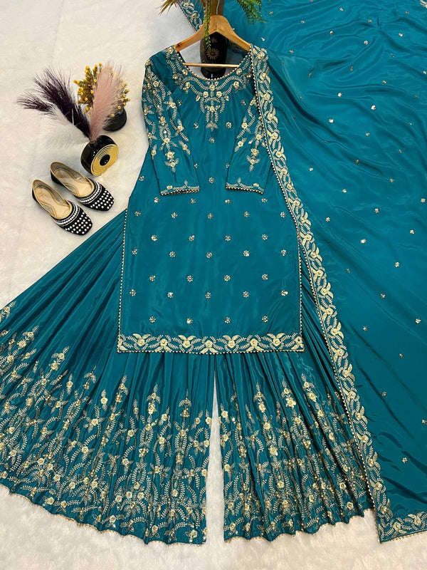 Wedding Wear Teal Color Pure Heavy Natural Crepe Silk With Moti Work Embroidery Work Sharara Suit