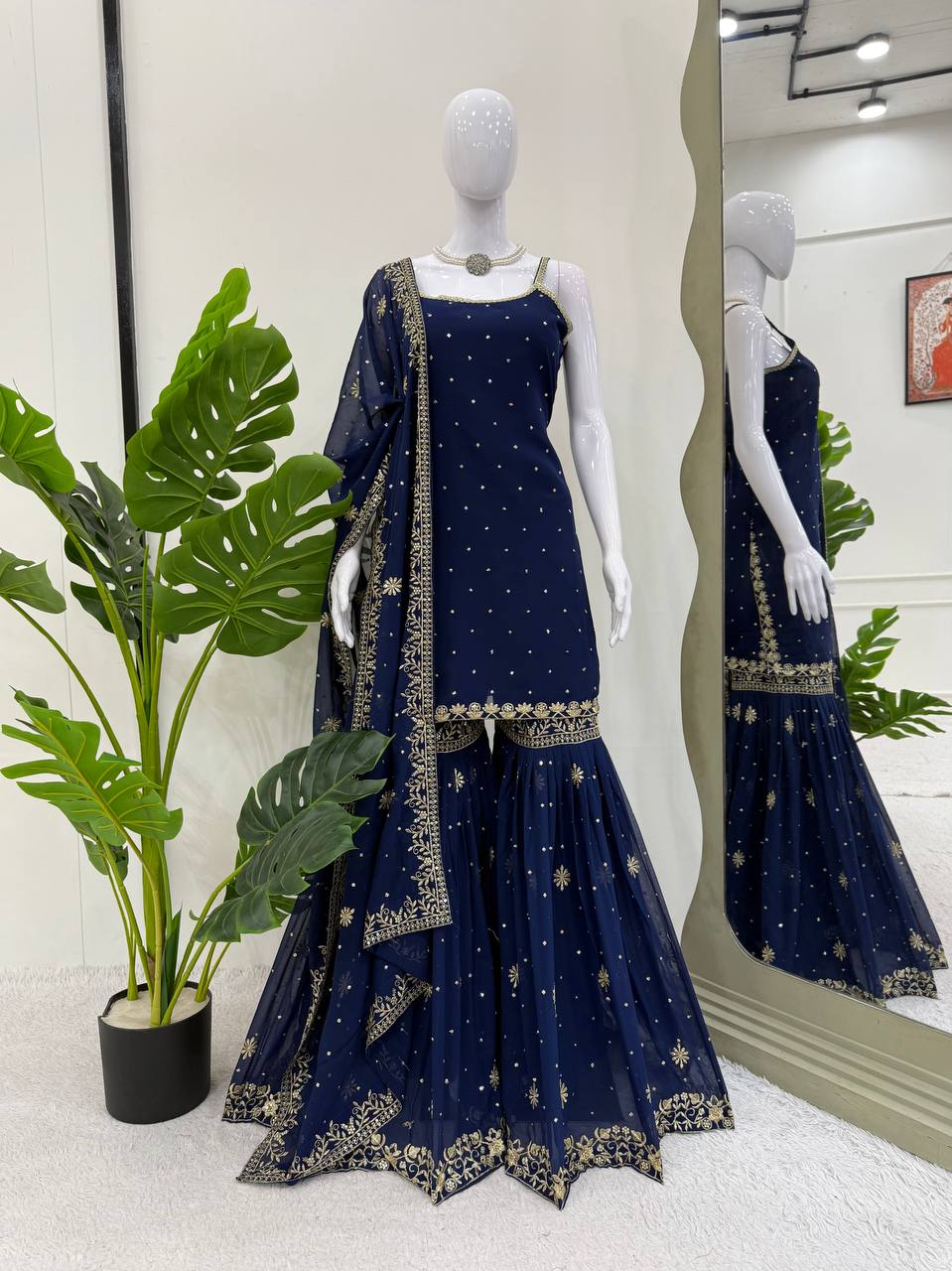 Function Wear Navy Blue Color Faux Georgette Thread With Sequin Embroi   Vastra Shop