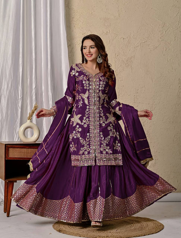 Wedding Wear Purple Color Heavy Chinnon Silk With Coding Sequin Work Beautiful Sharara Suit